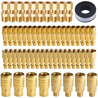 Imagem de Kit de acessórios de compressor de ar de 59 peças de 1/4 polegada com fita de teflon - Inclui acopladores de conexão rápida, plugues de ar, acoplador hexagonal para uso industrial e doméstico