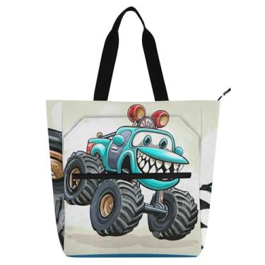 Imagem de GAIGEO Sacola feminina de trabalho de caminhão monstro azul com desenho animado com zíper, bolsas de tecido para amantes de livros