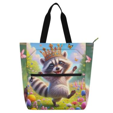 Imagem de Happy Animal Guaxinim Floral Work Tote Bags para mulheres lona praia livro bolsa zíper bolsas professores livros amante presente