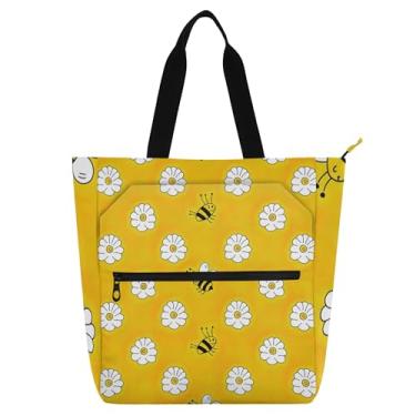 Imagem de GAIGEO Bolsa feminina com flores brancas de abelha amarela, bolsa de trabalho, lona, praia, livro, com zíper, bolsas femininas infantis com compartimentos