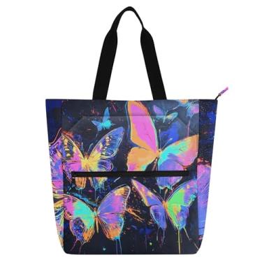 Imagem de Sacola feminina neon borboletas coloridas brilhantes para trabalho de lona escolar bolsa de livros para professores, presente para amantes de livros