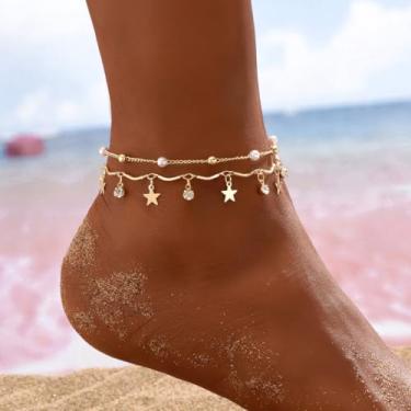 Imagem de Tornozeleira Star para mulheres, joia de praia com pingente de pérola dourada em camadas