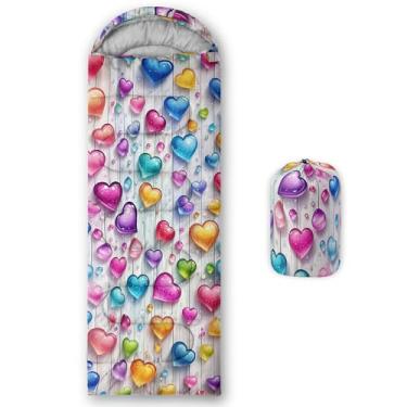 Imagem de AILONEN Saco de dormir com padrão de coração colorido 3D 3 estações (verão, primavera, outono) clima quente e frio - leve para crianças, adolescentes e adultos, impermeável para uso interno e externo