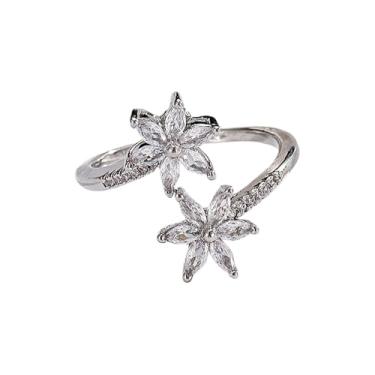 Imagem de BlingNook Anéis de flor de cristal vermelho para mulheres, anel de zircônia cúbica ajustável moderno banhado a ouro aberto joias empilháveis presente de noivado, Metal misto, Sem pedra preciosa