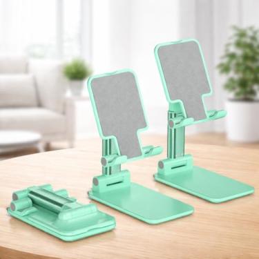 Imagem de Suporte de telefone de mesa dobrável com altura e ângulo ajustáveis, suporte de mesa compacto para smartphones e tablets pequenos, base antiderrapante estável, verde menta