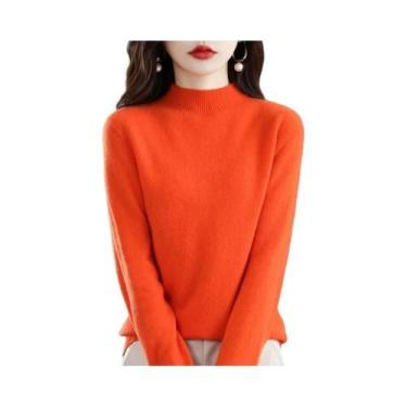 Imagem de Suéter Feminino De Lã Pura Para Outono Inverno, Gola Semi-Alta, Manga 