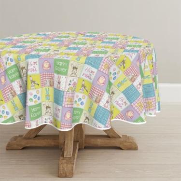 Imagem de Horaldaily Toalha de mesa redonda de Páscoa, 152 x 152 cm, xadrez, coelhos, ovo de Páscoa, anêmona, laço colorido, lavável, sazonal, para decoração de festa, piquenique, jantar