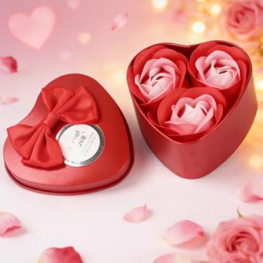 Imagem de 3 peças em forma de flor de rosa, conjunto de caixa de lata para presente de plantas, para aniversário, casamento, dia dos namorados, dia das mães (vermelho)