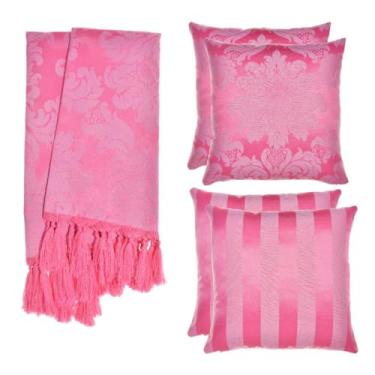Imagem de Kit Manta para Sofá Jacquard 1.8x1.4m + 4 Capas de Almofada 45x45cm - Conjunto Protetor e Decorativo com Franjas Artesanais(Pink Chiclete 206)