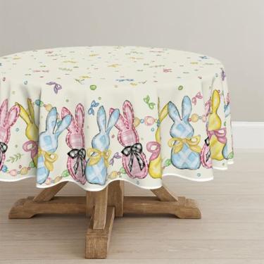 Imagem de Horaldaily Toalha de mesa redonda de Páscoa, 152 cm x 152 cm, xadrez, coelhos, ovos de Páscoa, laço, toalha de mesa lavável e sazonal para decoração de festa, piquenique, jantar