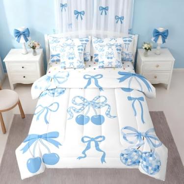 Imagem de Jogo de edredom infantil Kawaii com laço azul, para meninos e meninas, para meninos e meninas, linda cama de princesa em uma bolsa, conjunto de cama macio com laço de coquete, fita de aquarela E1