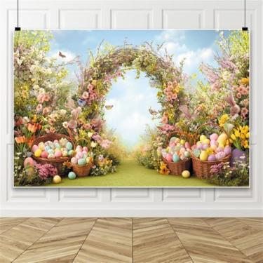 Imagem de Renaiss 1,5 x 0,9 m Pano de fundo feliz dia de Páscoa ovos coloridos céu azul jardim encantado arco floral fotografia fundo conto de fadas país das maravilhas primavera Páscoa decoração de festa de