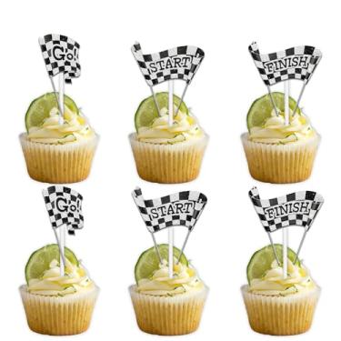 Imagem de 18Pcs Glitter Checkered Flag Dessert Cupcake Topper Race Car Go Start Finish Theme Decoration Happy Birthday Party Decor for Men Boy Favour Supplies Set