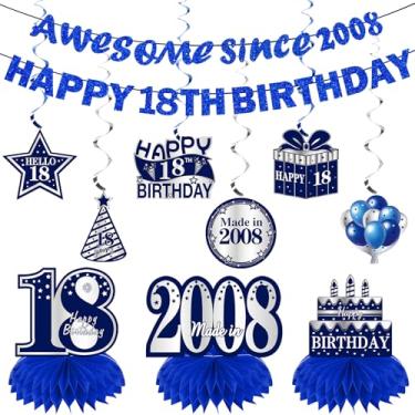 Imagem de Kuxriox 11 kit de decorações de aniversário de 18 anos para meninos homens, faixa azul prata feliz aniversário de 18 anos, Awesome Since 2007 peças centrais redemoinhos suprimentos de festa, placa de