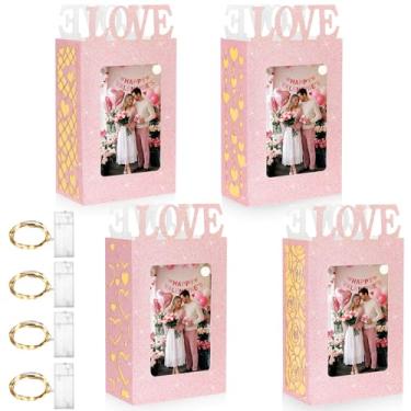 Imagem de Yerliker 4 Pcs Valentine's Day Photo Frame Table Centerpieces Box Decorations with 4 LED Mini Lights for Home Valentine Wedding Anniversary Decor Gift(Love,Pink)