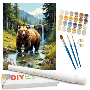 Imagem de Kit de pintura de urso marrom por números para adultos - Urso pardo DIY por Waterfall in Forest Pintura em tela enrolada 40,6 x 50,8 cm, conjunto de tinta acrílica, adequado para iniciantes, arte para