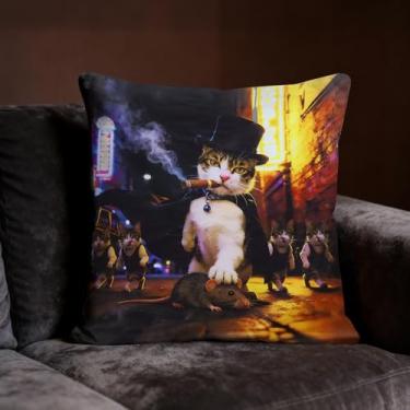 Imagem de Capas de almofada, 43 cm x 43 cm, decoração de capa de almofada xadrez de linho com padrões de gato, fronhas quadradas com zíper para sofá (estilo 1)