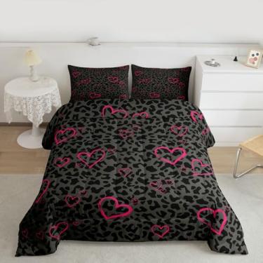Imagem de Erosebridal Conjunto de edredom queen de leopardo preto cinza para crianças, adolescentes e adultos, conjunto de cama rosa com corações de amor, enchimento de edredom com estampa de chita africana