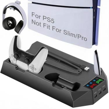 Imagem de UGAME Suporte PS5 Pro para todos os modelos de PS5, estação de resfriamento PS5 para PS5 Slim/Pro/Original com 2 estações de carregamento de controles PS5, ventilador de resfriamento silencioso de 3