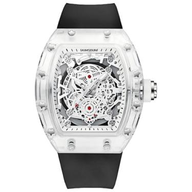 Imagem de Gosasa Relógio de pulso masculino moderno vazado Tonneau com mostrador analógico transparente, pulseira de silicone, calendário, quartzo, à prova d'água, tendência, Preto, branco 1, Tendência