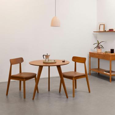 Imagem de Conjunto Mesa de Jantar Square Laminada Tripé Redonda Natural - 88cm + 2 Cadeiras Nord Encosto Madeira Assento - Cognac