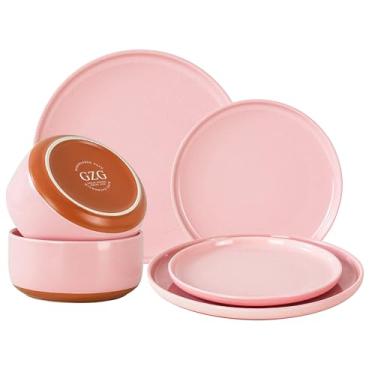 Imagem de GZG Série de arte moderna - 6 peças de pratos e tigelas de grés salpicado, conjunto de louça de cerâmica com terracota rústica na parte inferior, para micro-ondas e lava-louças, conjunto de pratos