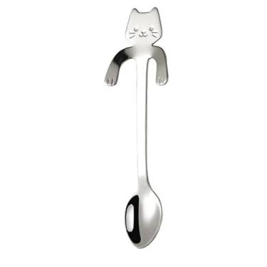 Imagem de 1 colher de café em forma de gato de aço inoxidável, mini colher de sorvete, utensílios de cozinha encantadores, presente perfeito de aniversário, festa, feriado para amantes de gatos, prateado