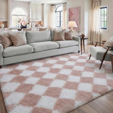 Imagem de HUGEAR Tapete quadriculado 12 x 20 cm rosa e branco moderno tapete felpudo macio lavável tapete interno felpudo aspirável para quarto decoração de casa antiderrapante