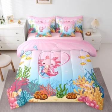 Imagem de Erosebridal Conjunto de cama com desenho animado com letra P para meninas, lindo conjunto de edredom com estampa de axolote rosa, 7 peças, salamandra oceânica, desenho animado, cama em uma bolsa para