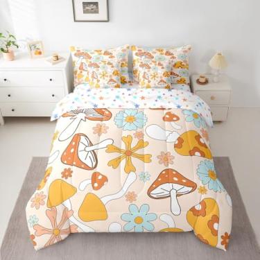 Imagem de Feelyou Conjunto de edredom retrô de flor hippie, 7 peças, tamanho casal, fofo, cogumelo, anos 60 e 70 anos, retrô, boêmio, floral, botânico, em um saco, conjunto de cama laranja com edredom, conjunto
