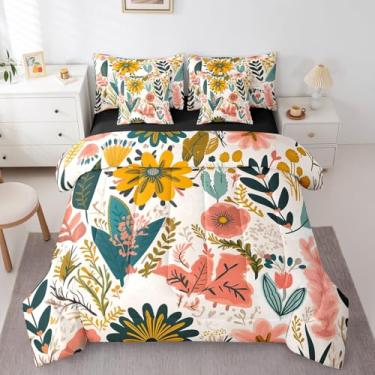 Imagem de Jogo de cama boêmio, solteiro, floral, 7 peças, folhas tropicais, conjunto de edredom para meninas e mulheres, cama de fazenda rústica, vintage, elegante, acessórios de cama