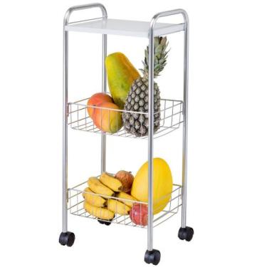 Imagem de Fruteira de Chão com Rodas Dupla Cestos Cromado e Tampa de Madeira Org