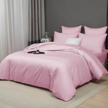 Imagem de YASMENG Conjunto de capa de edredom de cetim 100% algodão de fibra longa rosa tamanho queen 3 peças de luxo 600 fios algodão puro orgânico durável qualidade hotel conjunto de cama macio sedoso cetim