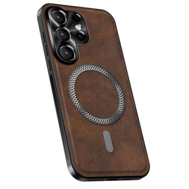 Imagem de POYUFRG Capa magnética para Samsung Galaxy S26 Ultra/S26 Plus/S26, capa fina de couro para negócios, capa de proteção de lente de metal com tudo incluído, marrom, S26 Plus