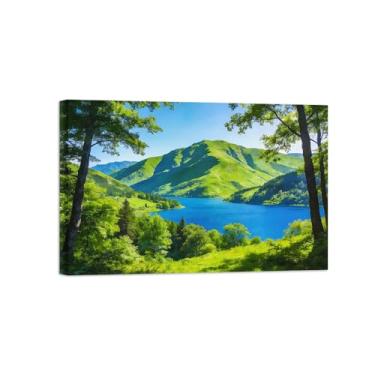 Imagem de BMZFYBS Impressão em tela de paisagem de arte de parede - primavera montanha árvore lago pintura decoração quadros para sala de estar pronto para pendurar 20x30cm8x12in tela embrulhada