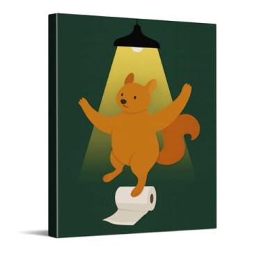 Imagem de Arte de parede engraçada de esquilo de banheiro, humor dança esquilo em papel higiênico, pôster de banheiro de animal verde peculiar, arte de parede de pintura em tela de animal fofo para banheiro, 20