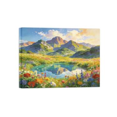Imagem de Impressão em tela de paisagem de arte de parede - flores coloridas do lago da montanha - quadros de pintura de decoração para sala de estar pronta para pendurar 40 x 50 cm 40 x 50 cm tela embrulhada