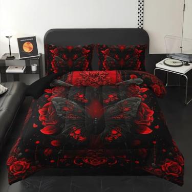 Imagem de lneffble Jogo de cama Queen de borboleta gótica preta e vermelha, com 1 edredom com 2 fronhas, decoração de quarto de borboleta para mulheres e meninas