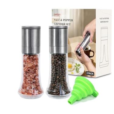 Imagem de Aelga Conjunto de moedor de sal e pimenta com funil de silicone – Moinhos manuais de vidro de 118 ml com núcleo de cerâmica ajustável, utensílios de cozinha recarregáveis, conjunto de presente de mesa