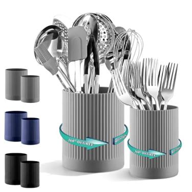 Imagem de Kyraton Suporte de utensílios de cozinha 2 peças, suporte de utensílios de cozinha de plástico resistente giratório de 360° para bancada, pote de utensílios pequenos para talheres, escova de dentes
