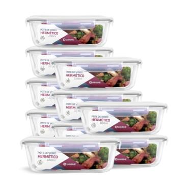 Imagem de Kit 10 Potes de Vidro Retangular com Tampa Hermética 2260ml (Branco)