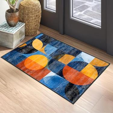 Imagem de Tapete de área moderno geométrico antiderrapante 5 x 8 m - Tapete de pelo baixo padrão abstrato azul laranja para sala de estar, escritório, entrada, tapete de chão contemporâneo lavável
