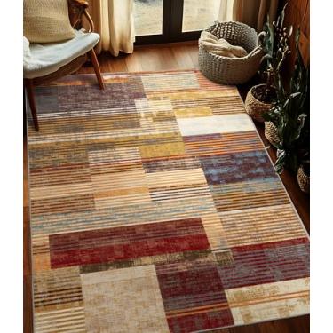 Imagem de YIHOUSE Tapete marrom 10 x 15 cm, tapetes laváveis, vintage bordô para quarto, tapete de área laranja queimado antiderrapante, tapete geométrico boho para cozinha, sala de jantar