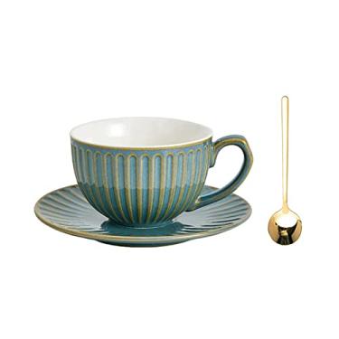 Imagem de Xícara de café vintage moderna para uso doméstico, conjunto de xícaras de flores de cerâmica com latte, lavagem à mão, conjunto de xícaras de chá da tarde (verde, grande)