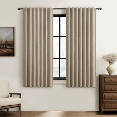 Imagem de Cortinas curtas cinza bege para escurecimento de quarto de janela pequena, 137 cm de comprimento para quarto/porão, cortinas blackout térmicas e à prova de som boho de linho de inverno com aba