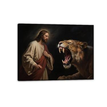 Imagem de Arte de parede Jesus Leão e Cordeiro Jesus e o Leão que ruge feroz pôster impresso pintura de cordeiro religiosa imagens de decoração de parede de igreja 65 x 50 cm (66 x 48 cm) moldura preta