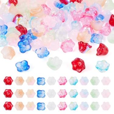 Imagem de Cheriswelry 100 peças de contas de vidro de flor 10-12 mm tampas de extremidade de contas de vidro floral de cristal colorido flor de lírio contas espaçadoras soltas para pulseira, brinco, colar