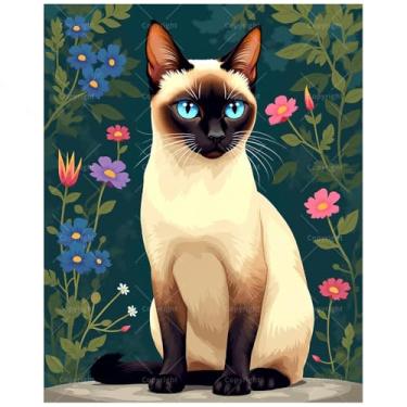 Imagem de Kit de pintura de gato por números para adultos – DIY gato siamês com pintura de flores em tela, conjunto de tinta acrílica, adequado para iniciantes, arte para amantes de animais de estimação