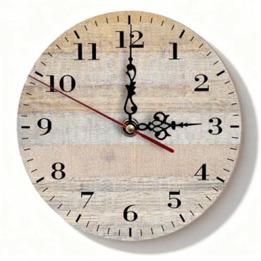 Imagem de Relógio de parede de madeira rústica silencioso sem tique-taque - decoração de casa de fazenda bege envelhecido para quarto e cozinha - acento de casa pequena operado por bateria - 19 cm