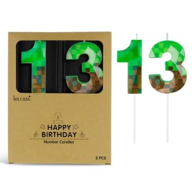 Imagem de Vela de aniversário pixel, velas com número mineiro de 6,8 cm, decoração de aniversário com tema de jogo, para festa de videogame dinamite com tema pixel, aniversário, aniversário (verde, 13)